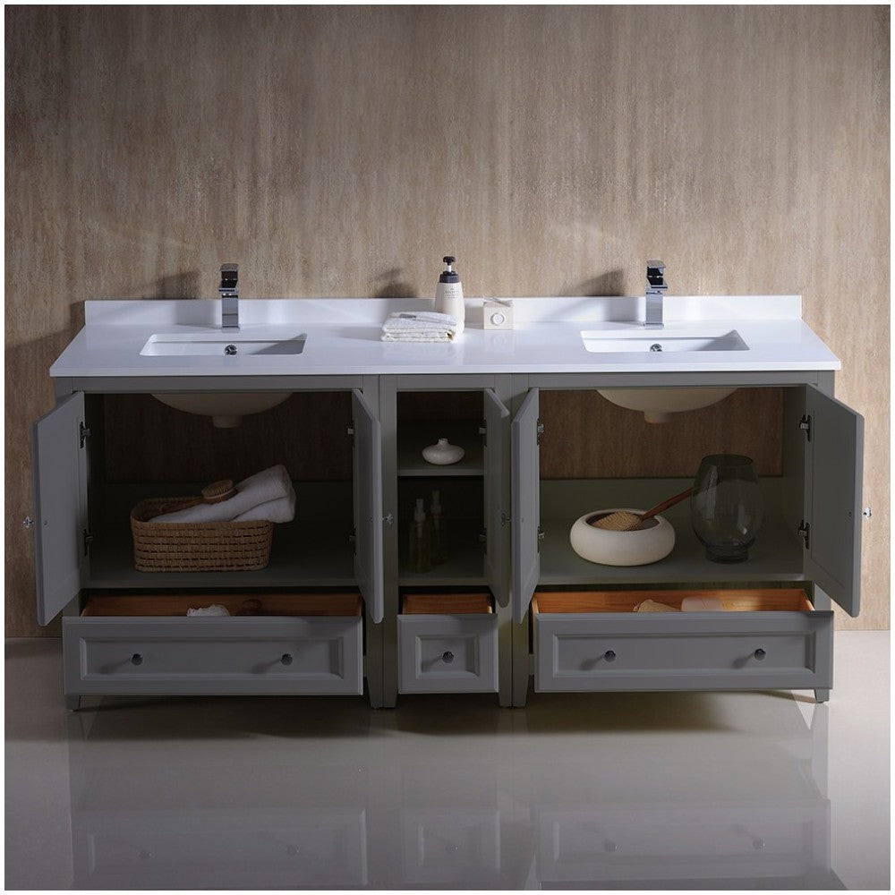 72 Gray Traditional Dbl Sink Bathroom Cabinets, Top, Sinks, FCB20-301230GR-CWH-U
