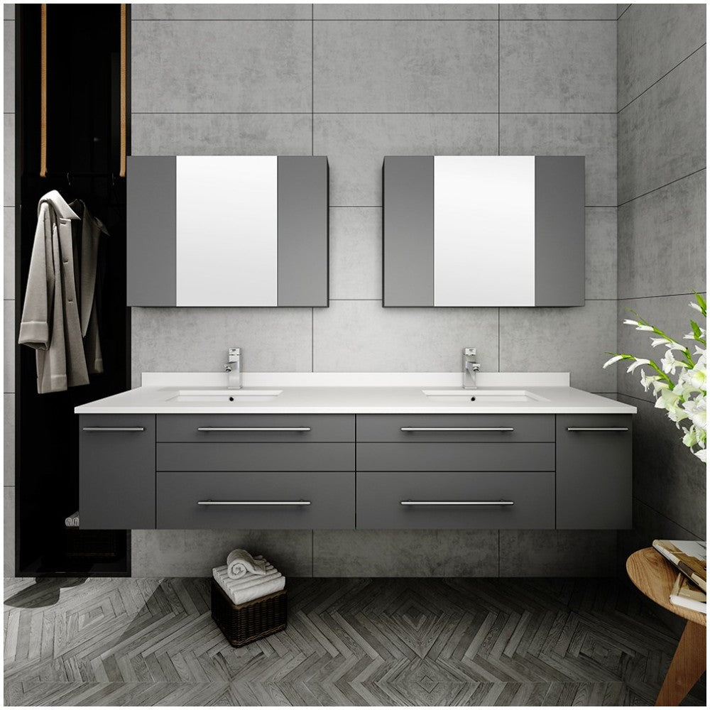 72 Gray Wall Hung Double Undermount Sink Bathroom Vanity w/ Medicine Cabinets