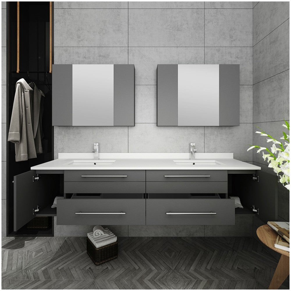 72 Gray Wall Hung Double Undermount Sink Bathroom Vanity w/ Medicine Cabinets