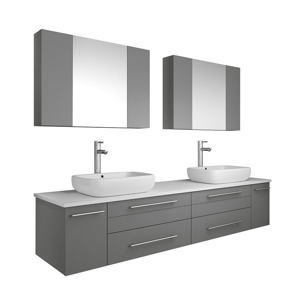 72 Gray Wall Hung Double Vessel Sink Modern Bathroom Vanity w/ Medicine Cabinets