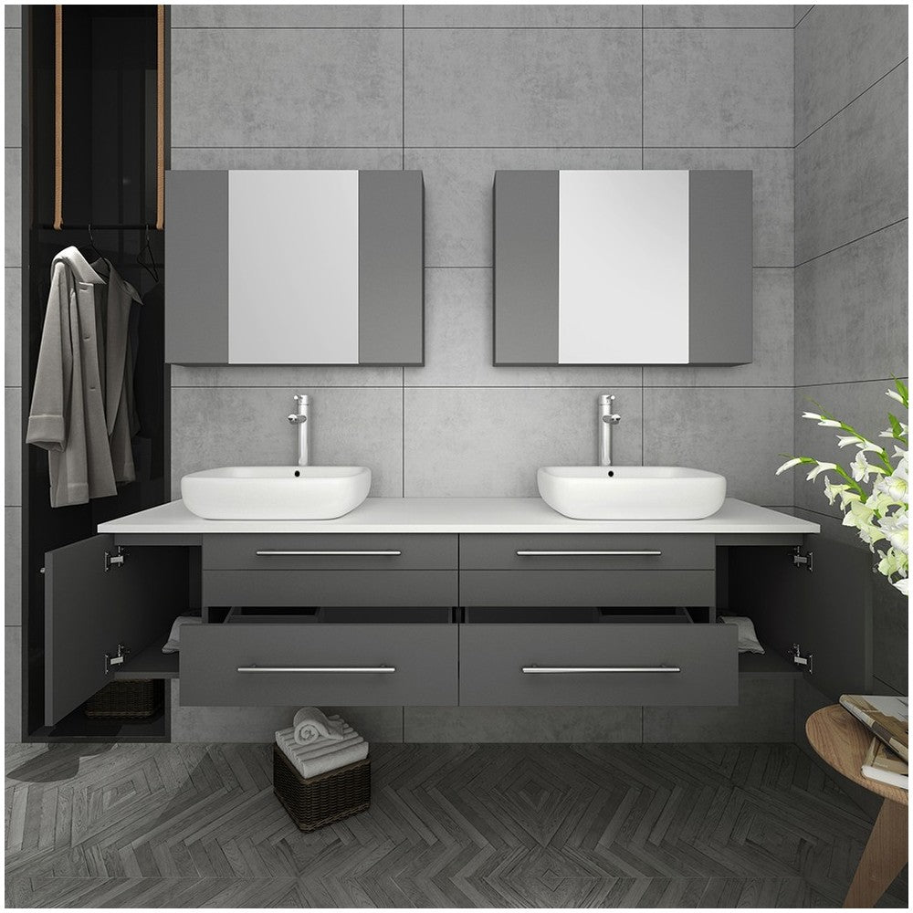 72 Gray Wall Hung Double Vessel Sink Modern Bathroom Vanity w/ Medicine Cabinets