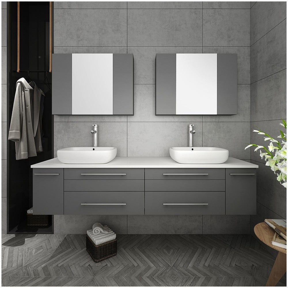 72 Gray Wall Hung Double Vessel Sink Modern Bathroom Vanity w/ Medicine Cabinets