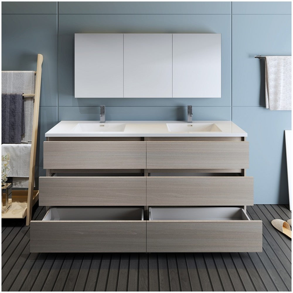 72 Gray Wood Free Standing Dbl Sink Bathroom Vanity, Medicine Cabinet, FVN93