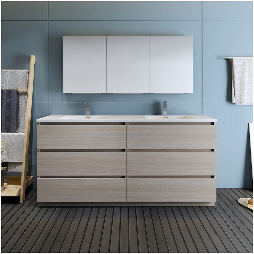 72 Gray Wood Free Standing Dbl Sink Bathroom Vanity, Medicine Cabinet, FVN93