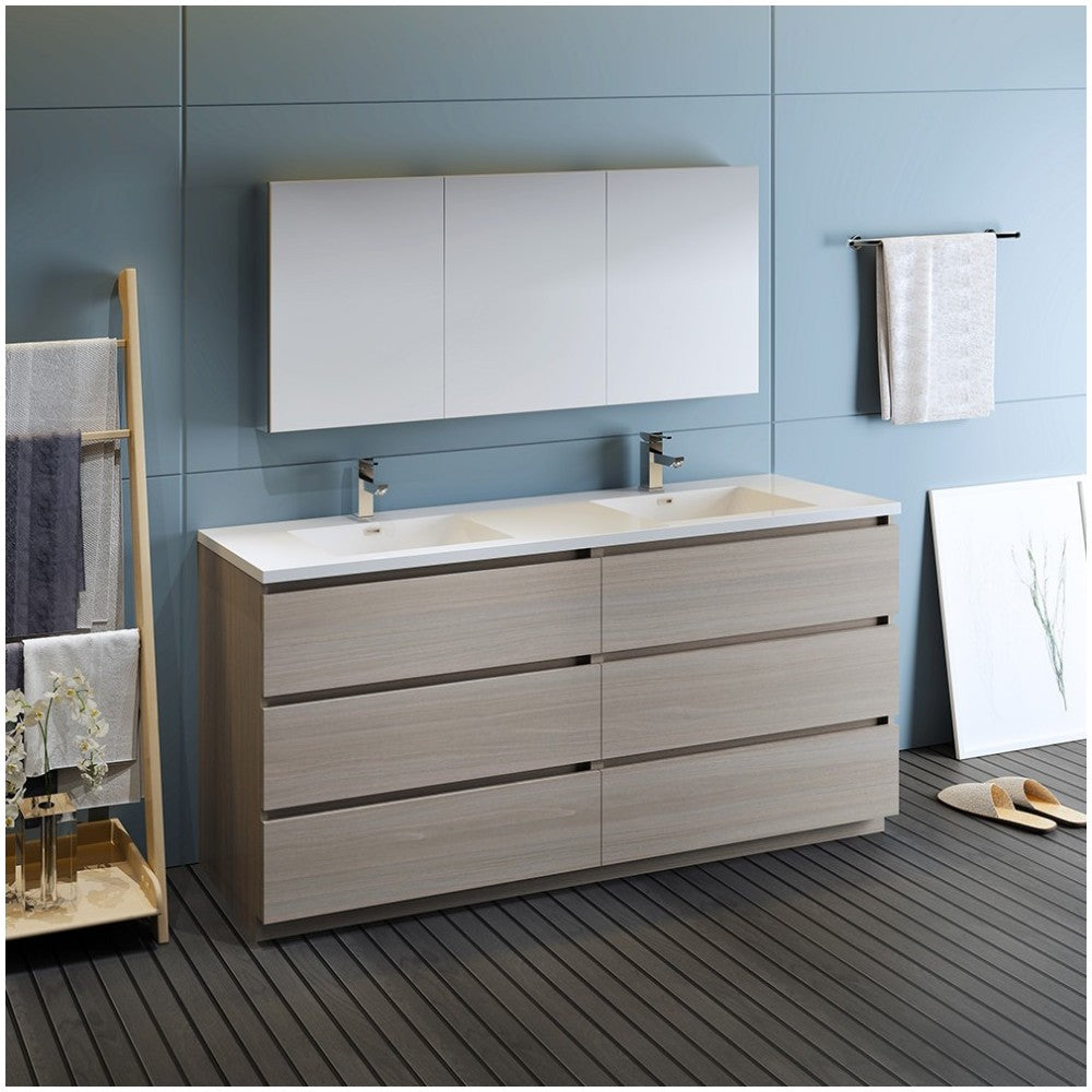 72 Gray Wood Free Standing Dbl Sink Bathroom Vanity, Medicine Cabinet, FVN93
