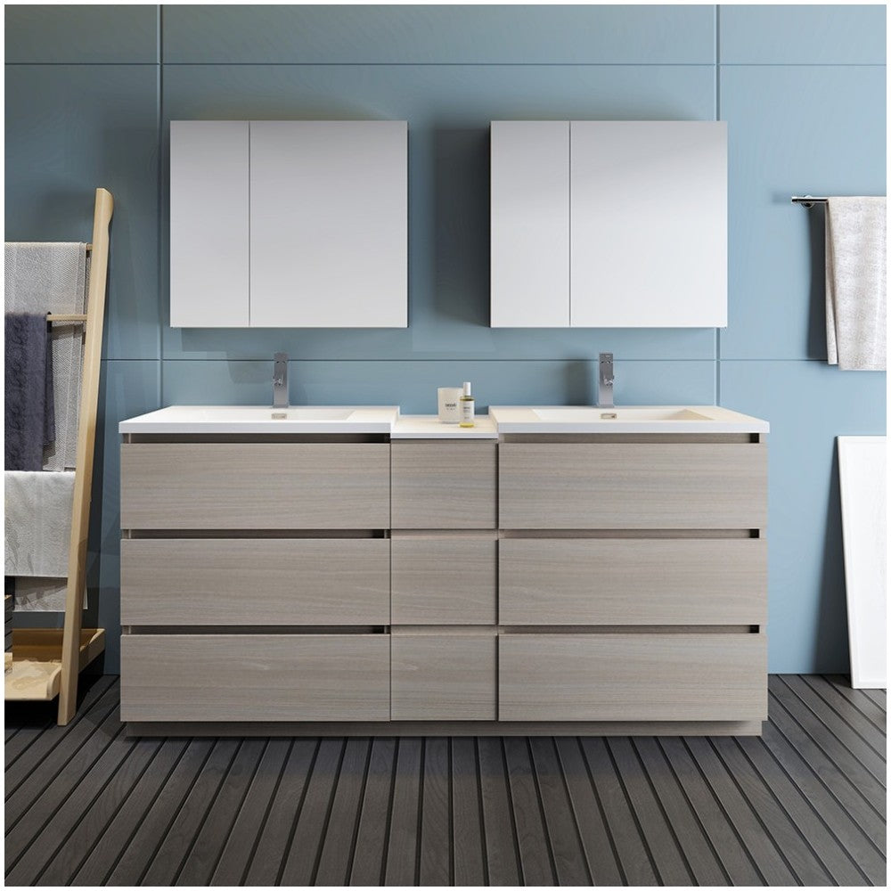 72 Gray Wood Free Standing Dbl Sink Bathroom Vanity, Medicine Cabinet