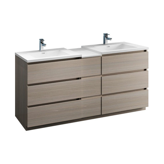 72 Gray Wood Free Standing Double Sink Bathroom Cabinet w/ Integrated Sinks