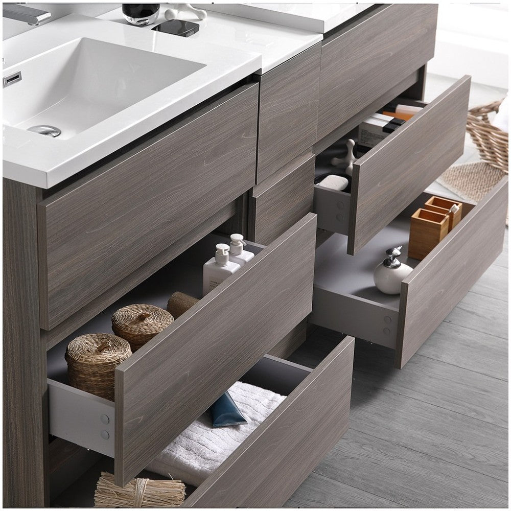 72 Gray Wood Free Standing Double Sink Bathroom Cabinet w/ Integrated Sinks