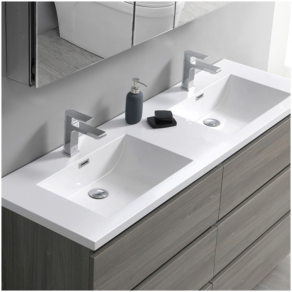 72 Gray Wood Free Standing Modern Bathroom Cabinet w/ Integrated Double Sink