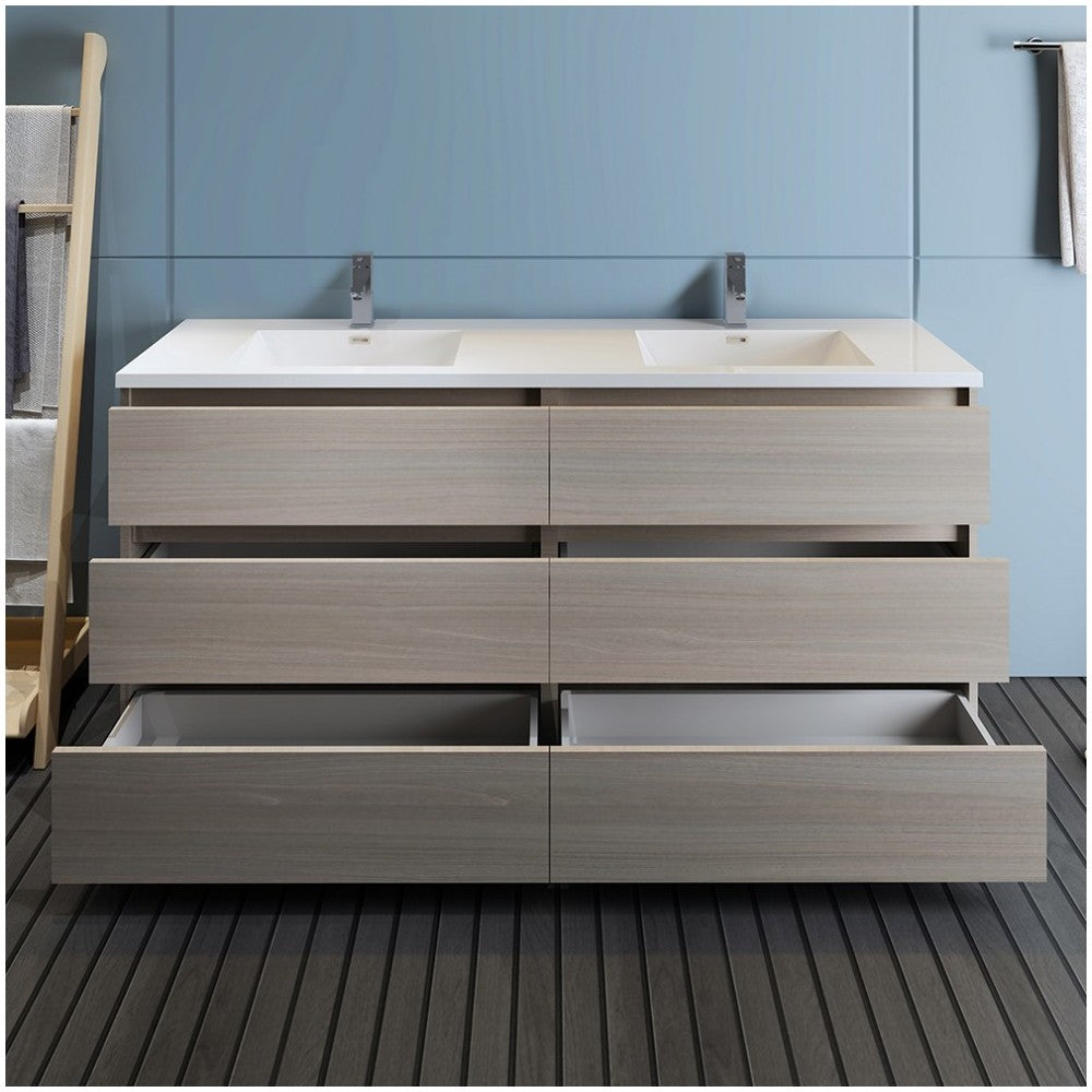 72 Gray Wood Free Standing Modern Bathroom Cabinet w/ Integrated Double Sink
