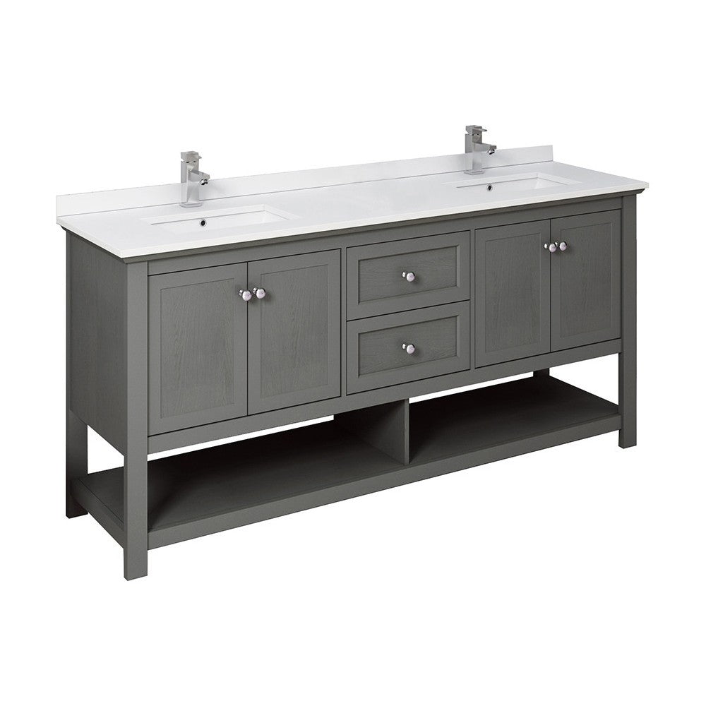 72 Gray Wood Veneer Traditional Double Sink Bathroom Cabinet w/ Top & Sinks