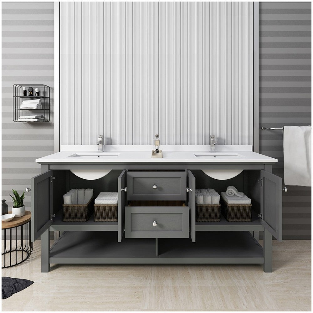 72 Gray Wood Veneer Traditional Double Sink Bathroom Cabinet w/ Top & Sinks