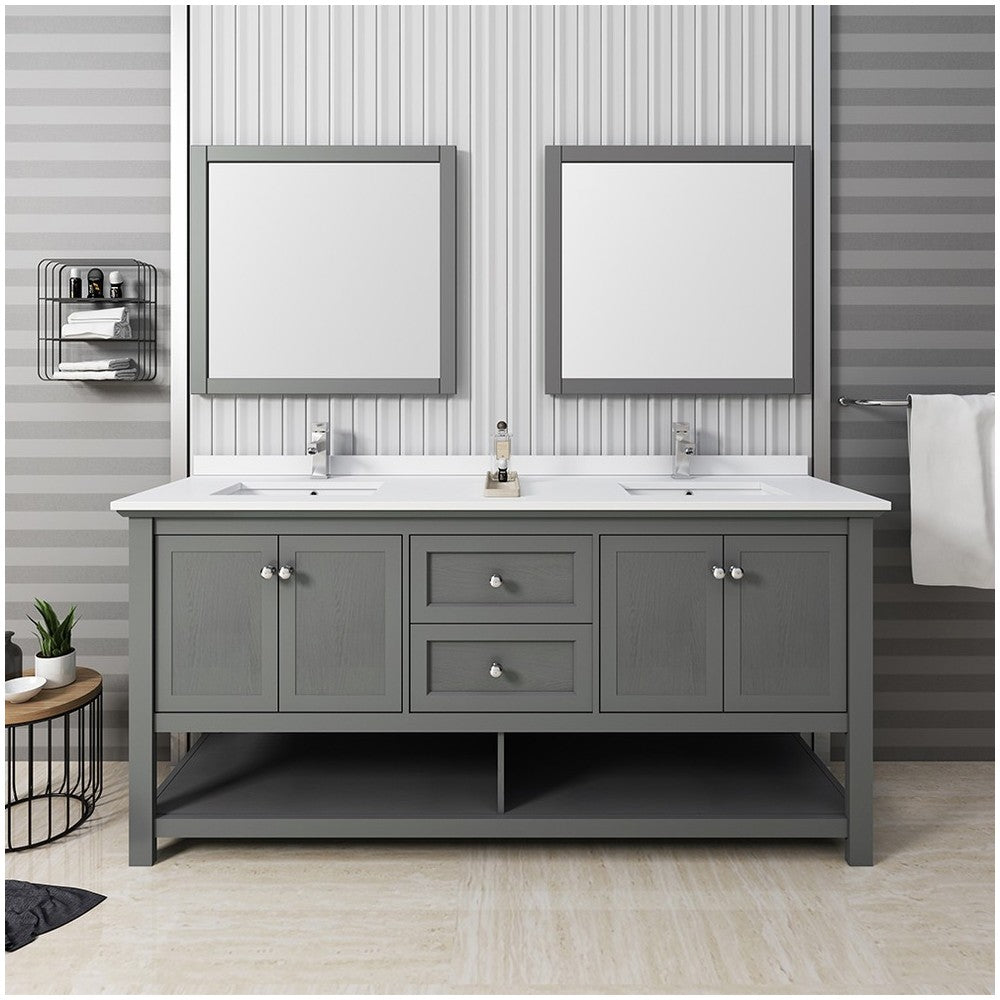 72 Gray Wood Veneer Traditional Double Sink Bathroom Vanity w/ Mirrors