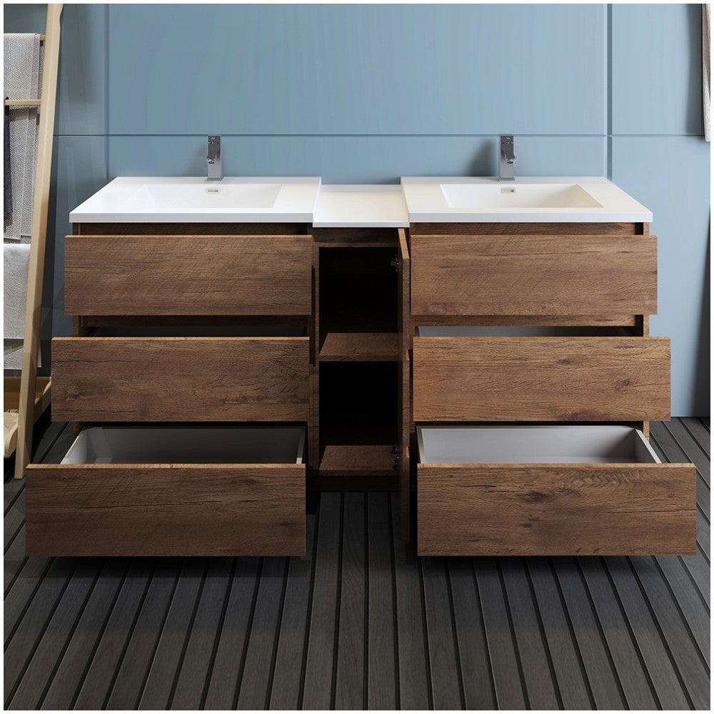 72 Rosewood Free Standing Double Sink Bathroom Cabinet w/ Integrated Sinks