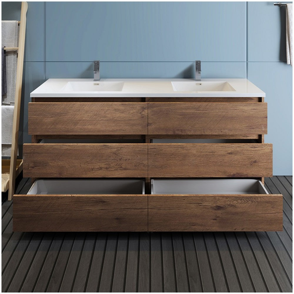 72 Rosewood Free Standing Modern Bathroom Cabinet w/ Integrated Double Sink