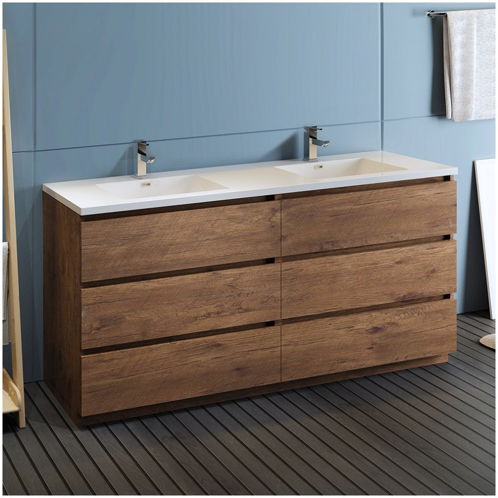 72 Rosewood Free Standing Modern Bathroom Cabinet w/ Integrated Double Sink
