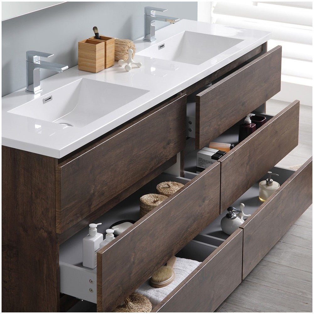 72 Rosewood Free Standing Modern Bathroom Cabinet w/ Integrated Double Sink
