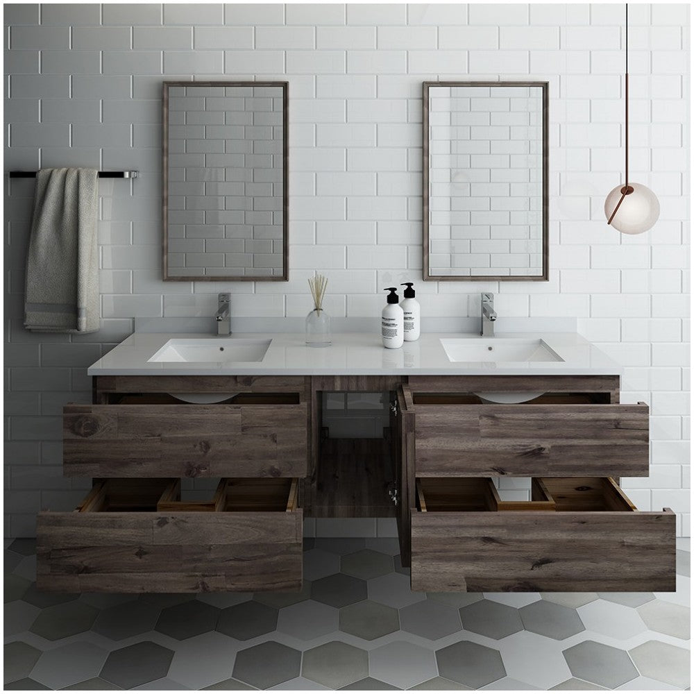 72 Wall Hung Double Sink Modern Bathroom Vanity w/ Mirrors, FVN31-301230ACA