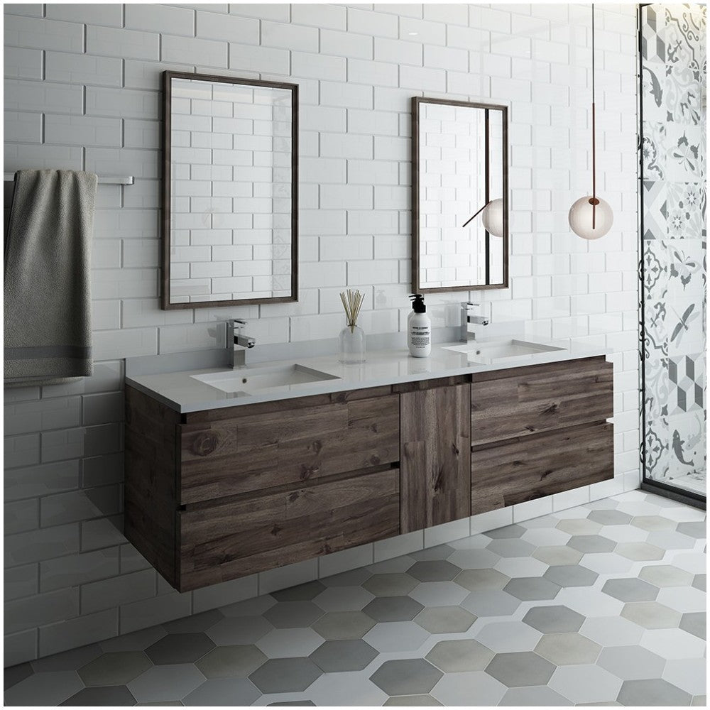 72 Wall Hung Double Sink Modern Bathroom Vanity w/ Mirrors, FVN31-301230ACA