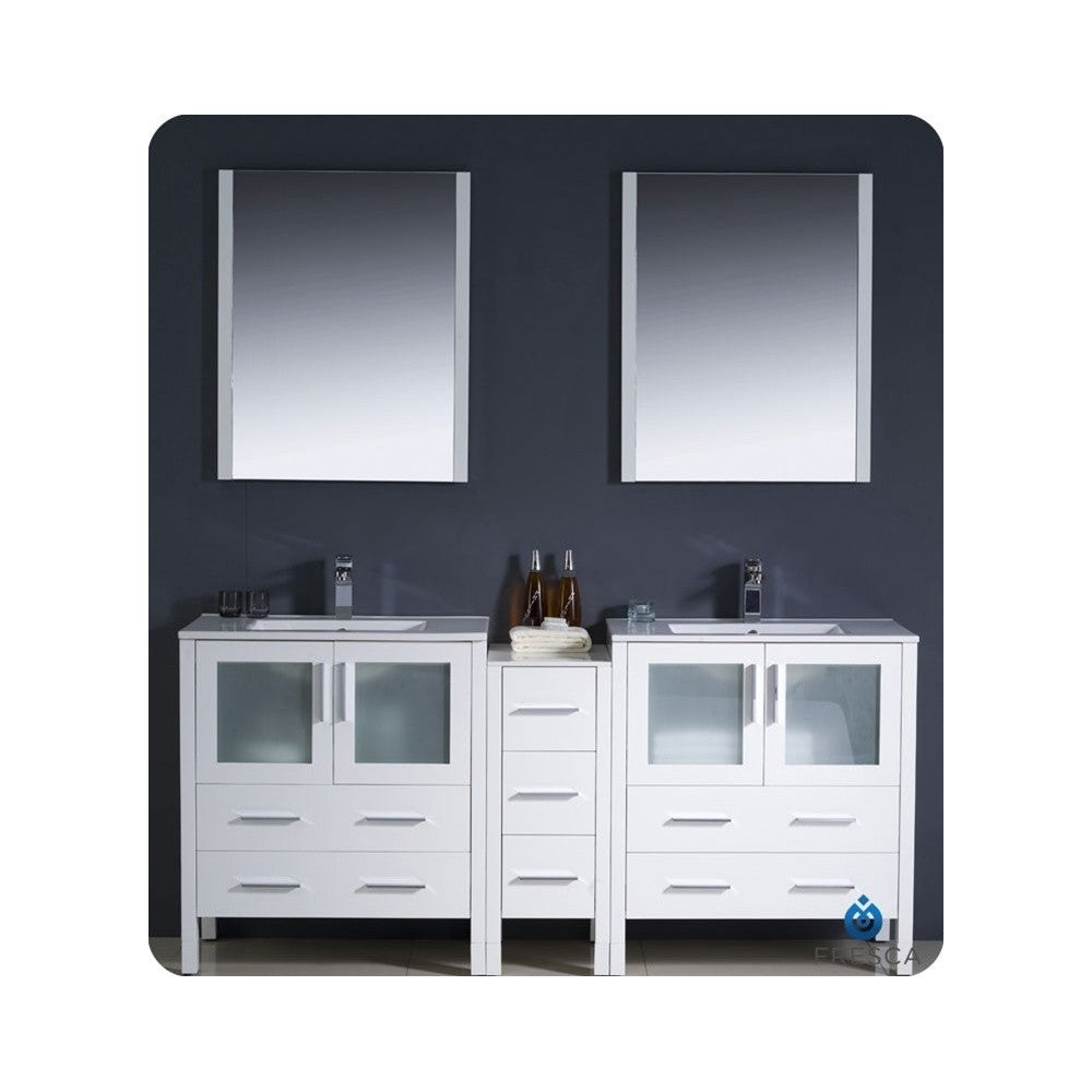 72 White Modern Double Sink Bathroom Vanity w/ Side Cabinet & Integrated Sinks