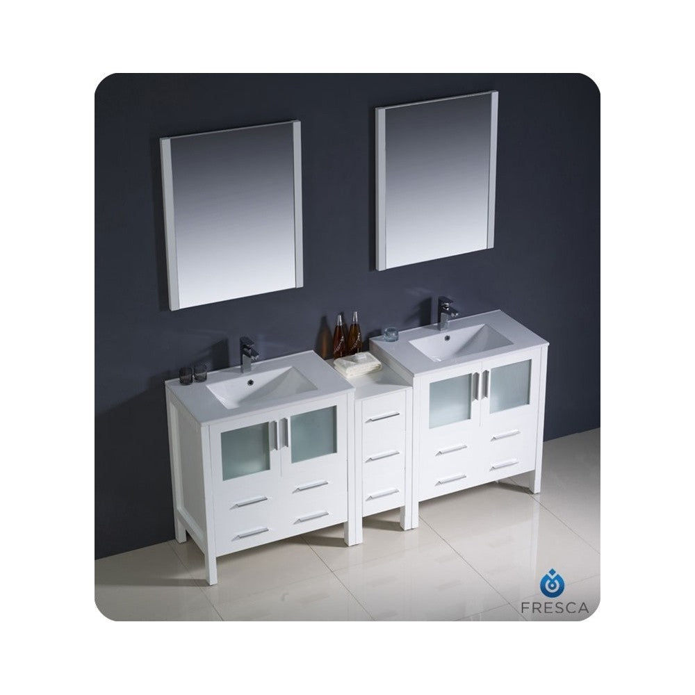 72 White Modern Double Sink Bathroom Vanity w/ Side Cabinet & Integrated Sinks