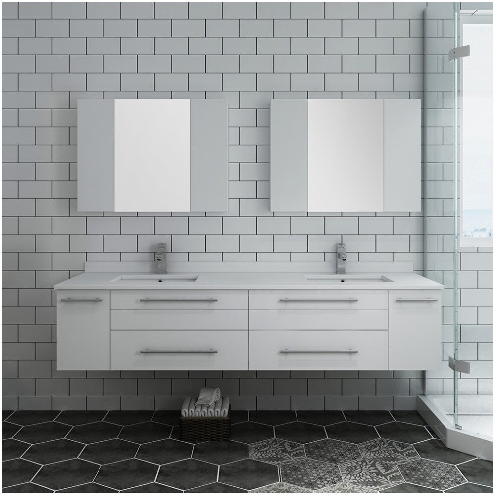 72 White Wall Hung Double Undermount Sink Bathroom Vanity w/ Medicine Cabinets