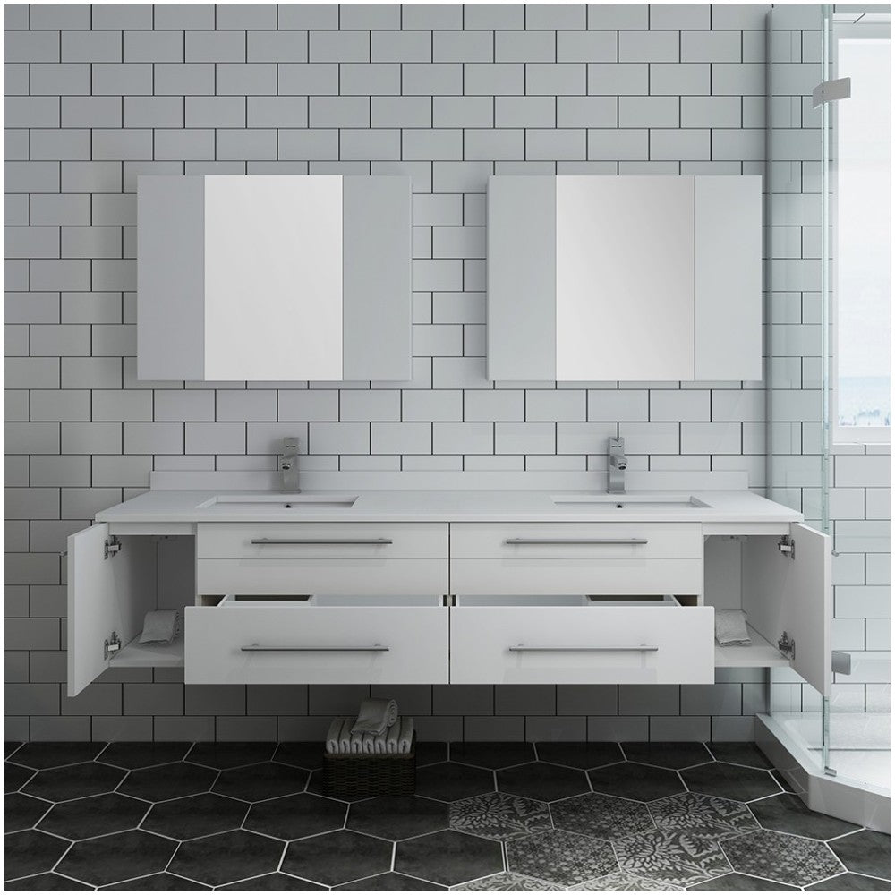 72 White Wall Hung Double Undermount Sink Bathroom Vanity w/ Medicine Cabinets