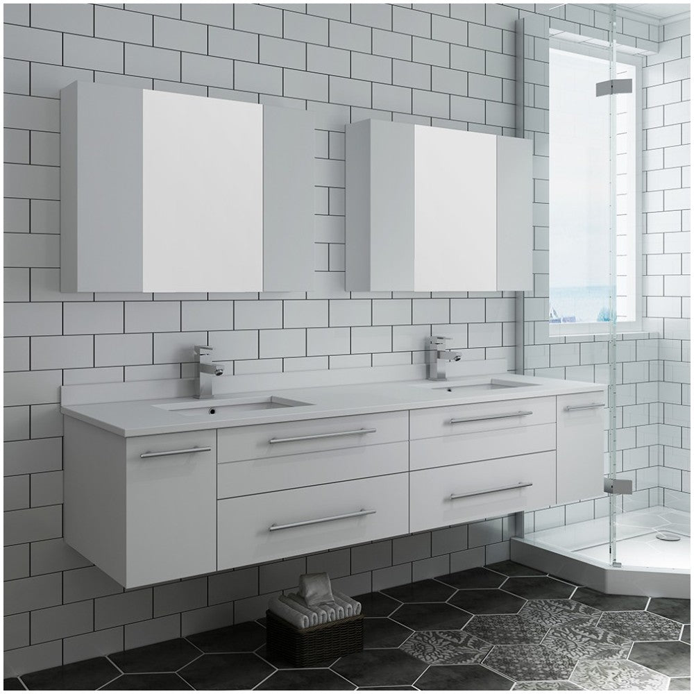 72 White Wall Hung Double Undermount Sink Bathroom Vanity w/ Medicine Cabinets