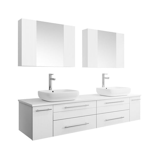 72 White Wall Hung Double Vessel Sink Bathroom Vanity w/ Medicine Cabinets