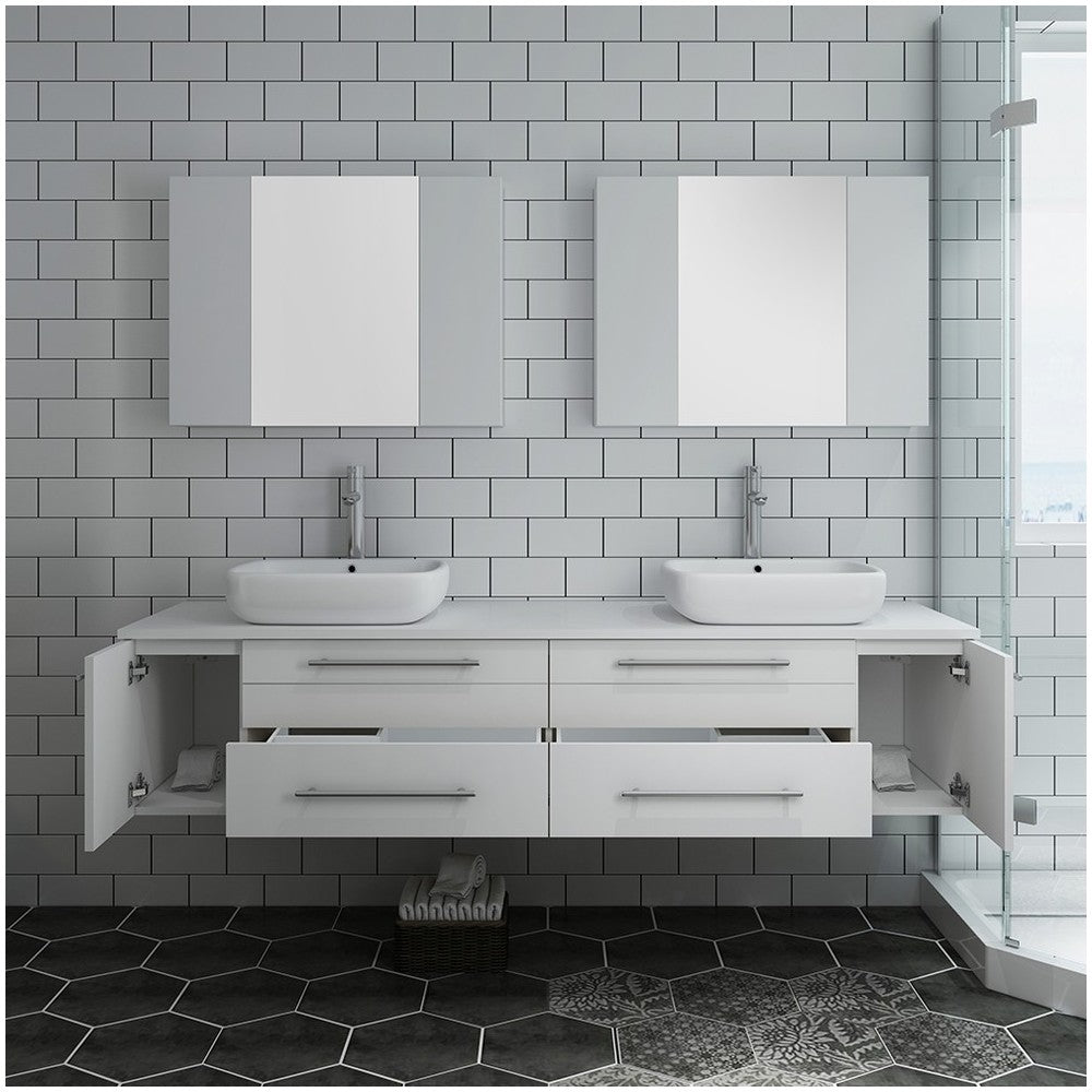 72 White Wall Hung Double Vessel Sink Bathroom Vanity w/ Medicine Cabinets