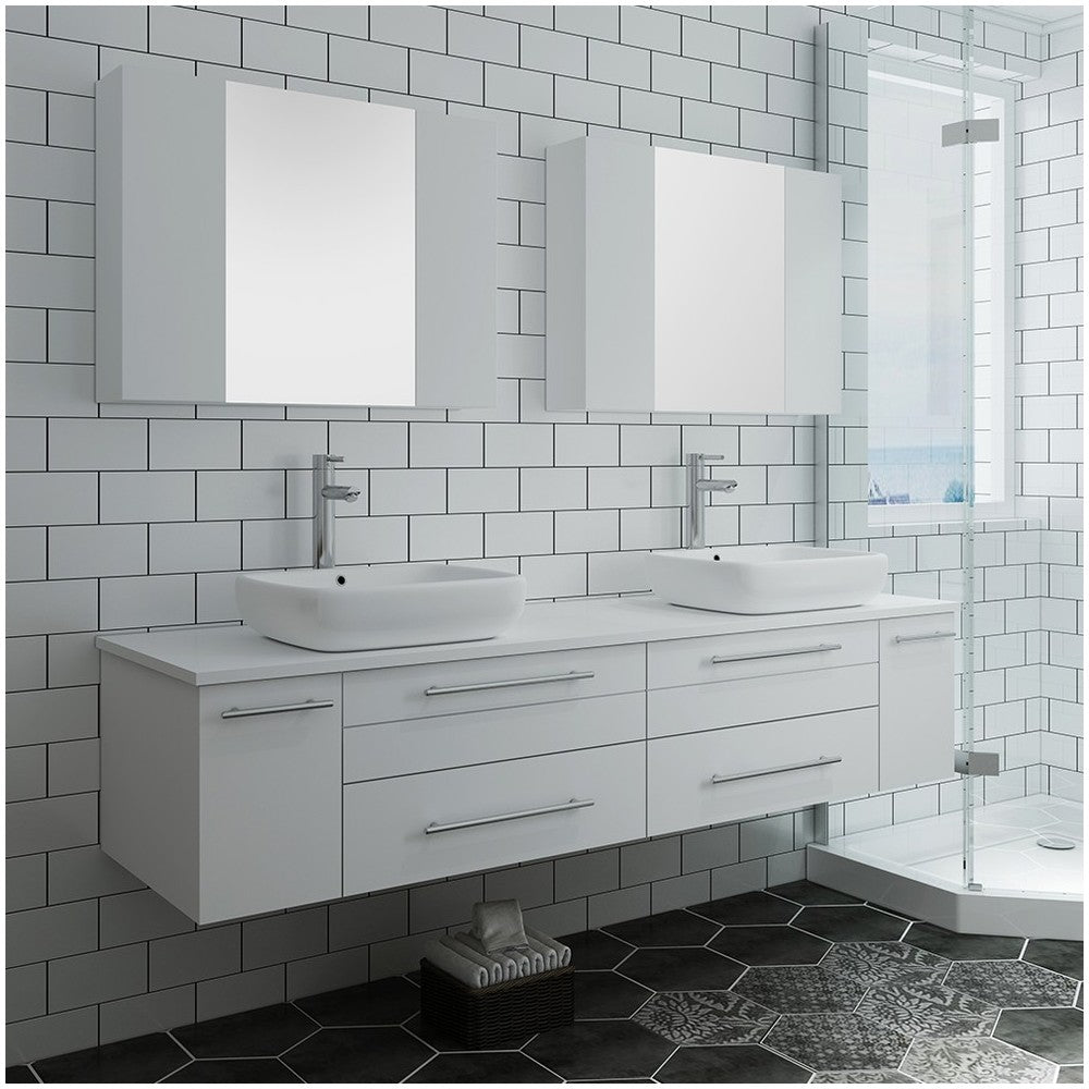 72 White Wall Hung Double Vessel Sink Bathroom Vanity w/ Medicine Cabinets