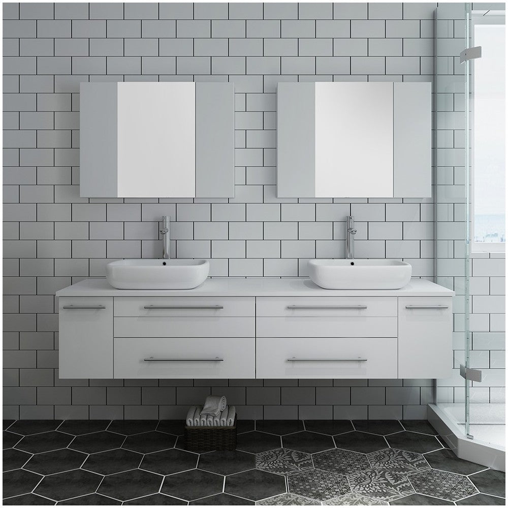 72 White Wall Hung Double Vessel Sink Bathroom Vanity w/ Medicine Cabinets