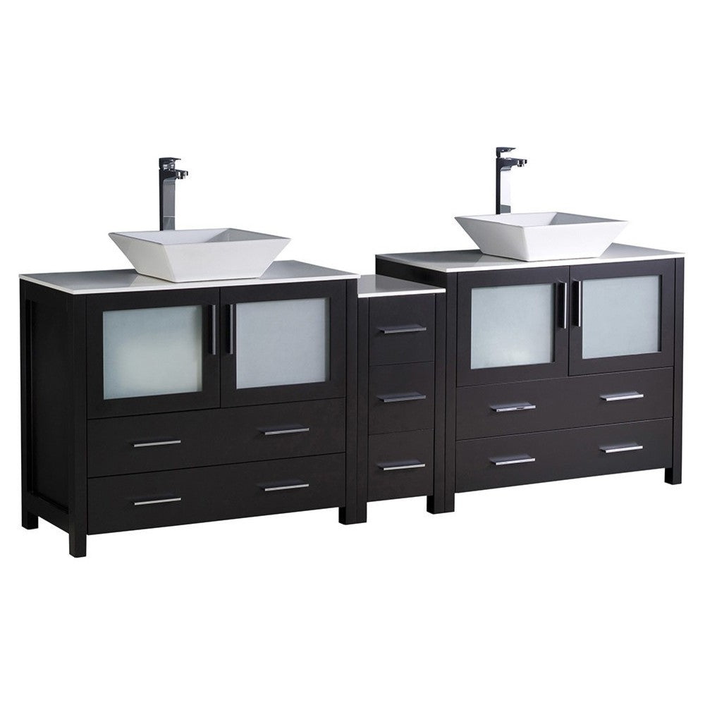 84 Espresso Dbl Sink Bathroom Cabinets, Tops, Vessel Sinks, FCB62-361236ES-CWH-V