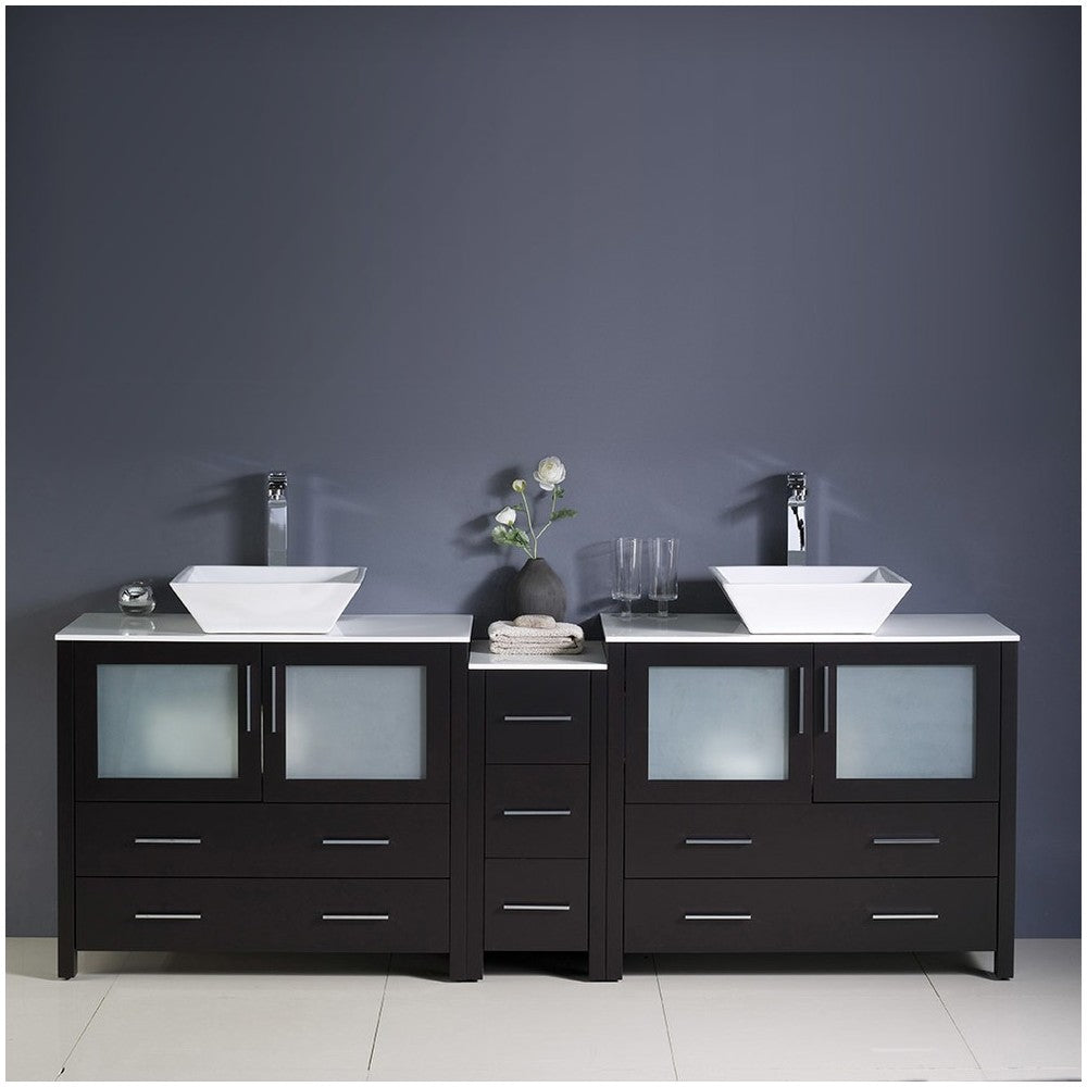 84 Espresso Dbl Sink Bathroom Cabinets, Tops, Vessel Sinks, FCB62-361236ES-CWH-V