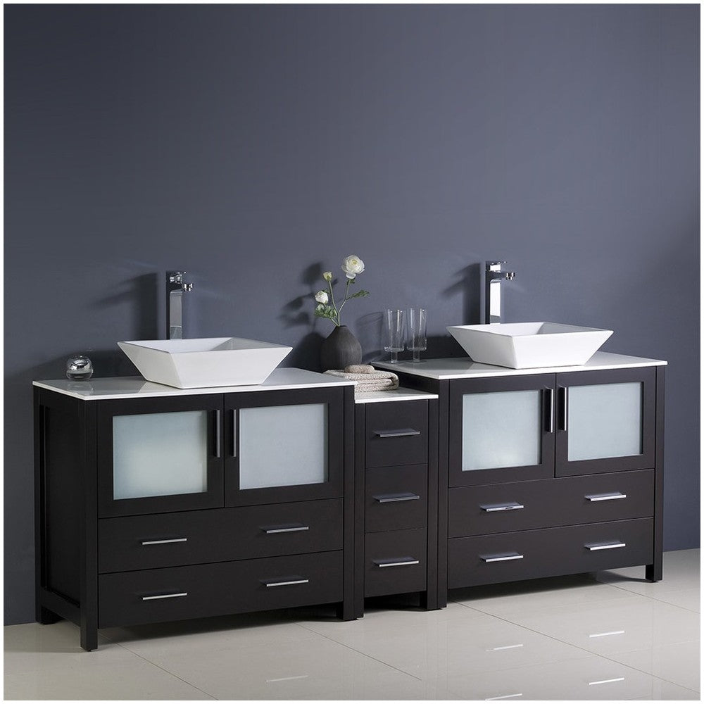 84 Espresso Dbl Sink Bathroom Cabinets, Tops, Vessel Sinks, FCB62-361236ES-CWH-V