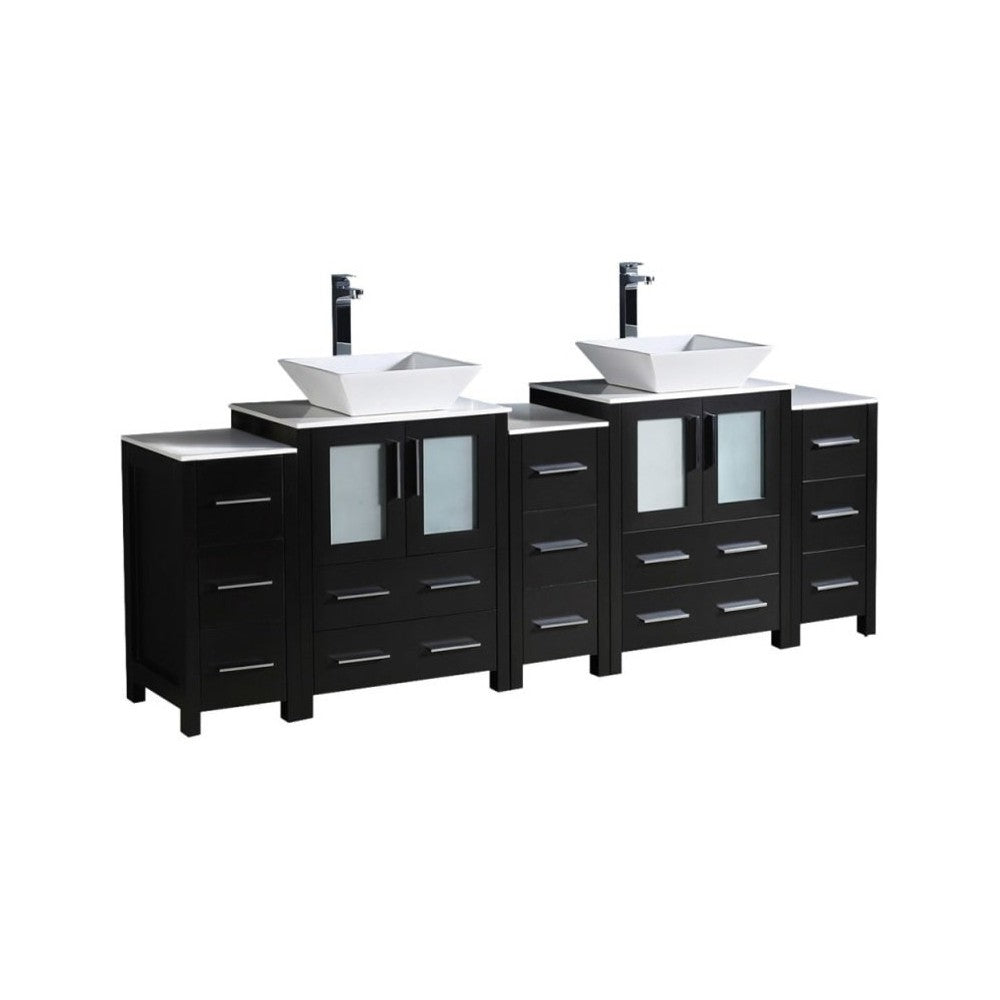 84 Espresso DBL Sink Bathroom Cabinets w/ Tops & Vessel Sinks, FCB62-72ES-CWH-V