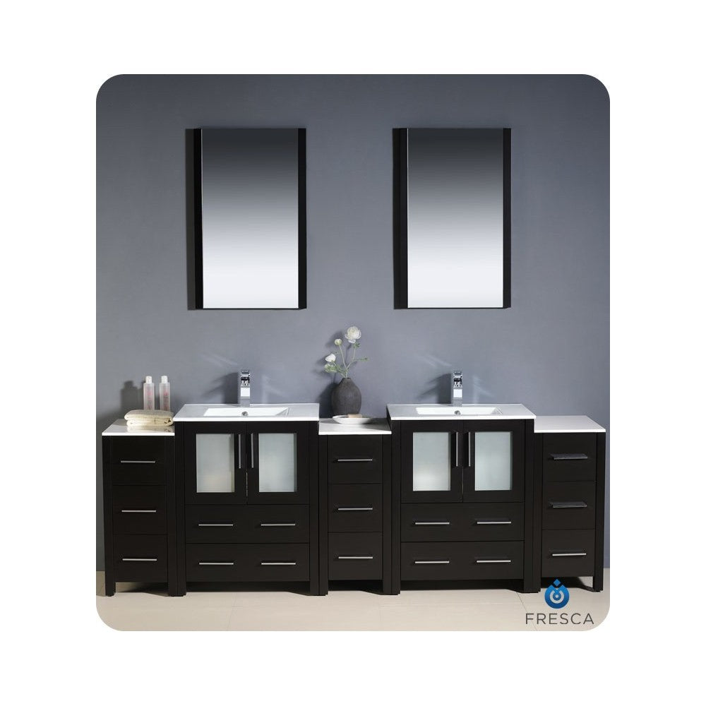 84 Espresso Double Sink Bathroom Vanity w/ 3 Side Cabinets & Integrated Sinks