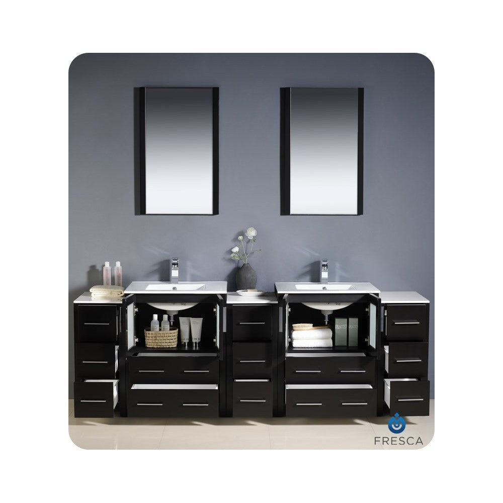 84 Espresso Double Sink Bathroom Vanity w/ 3 Side Cabinets & Integrated Sinks