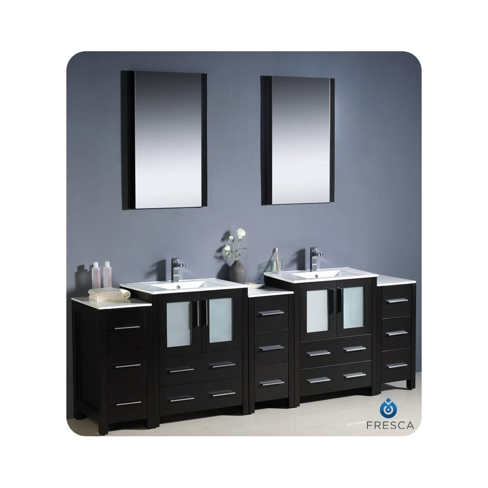 84 Espresso Double Sink Bathroom Vanity w/ 3 Side Cabinets & Integrated Sinks