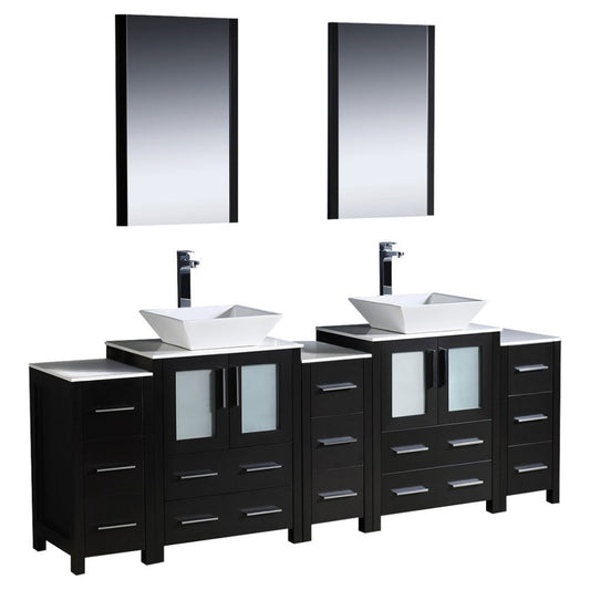 84 Espresso Modern Double Sink Bathroom Vanity w/ 3 Side Cabinets & Vessel Sinks