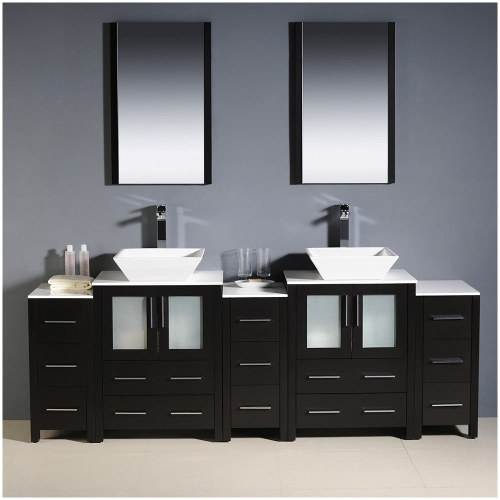 84 Espresso Modern Double Sink Bathroom Vanity w/ 3 Side Cabinets & Vessel Sinks