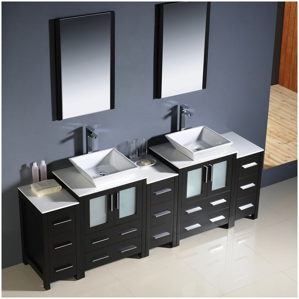 84 Espresso Modern Double Sink Bathroom Vanity w/ 3 Side Cabinets & Vessel Sinks