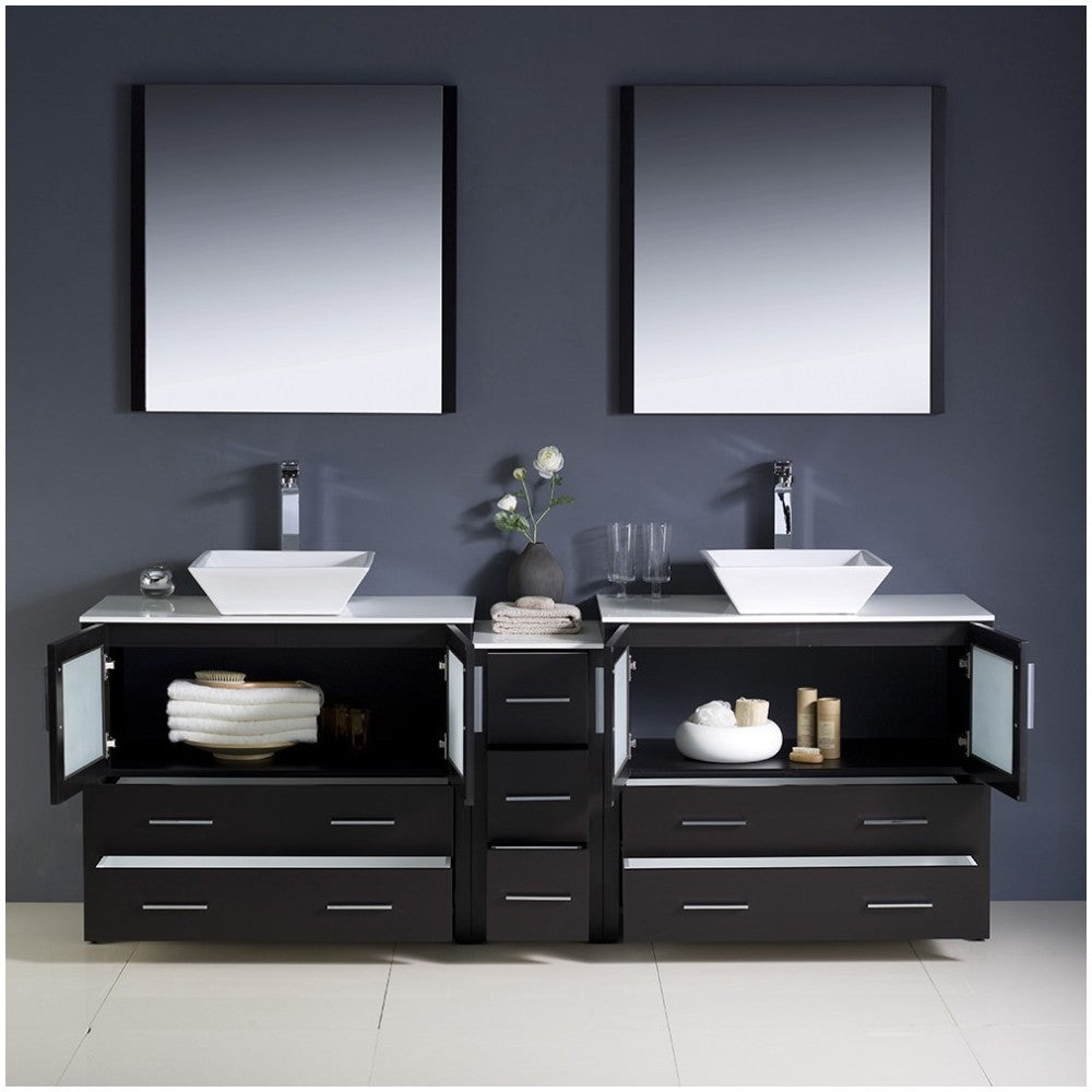 84 Espresso Modern Double Sink Bathroom Vanity w/ Side Cabinet & Vessel Sinks