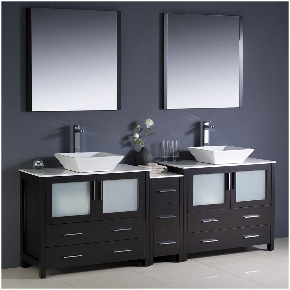 84 Espresso Modern Double Sink Bathroom Vanity w/ Side Cabinet & Vessel Sinks