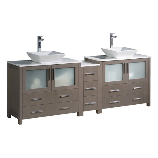 84 Gray DBL Sink Bathroom Cabinets w/ Tops & Vessel Sinks, FCB62-361236GO-CWH-V