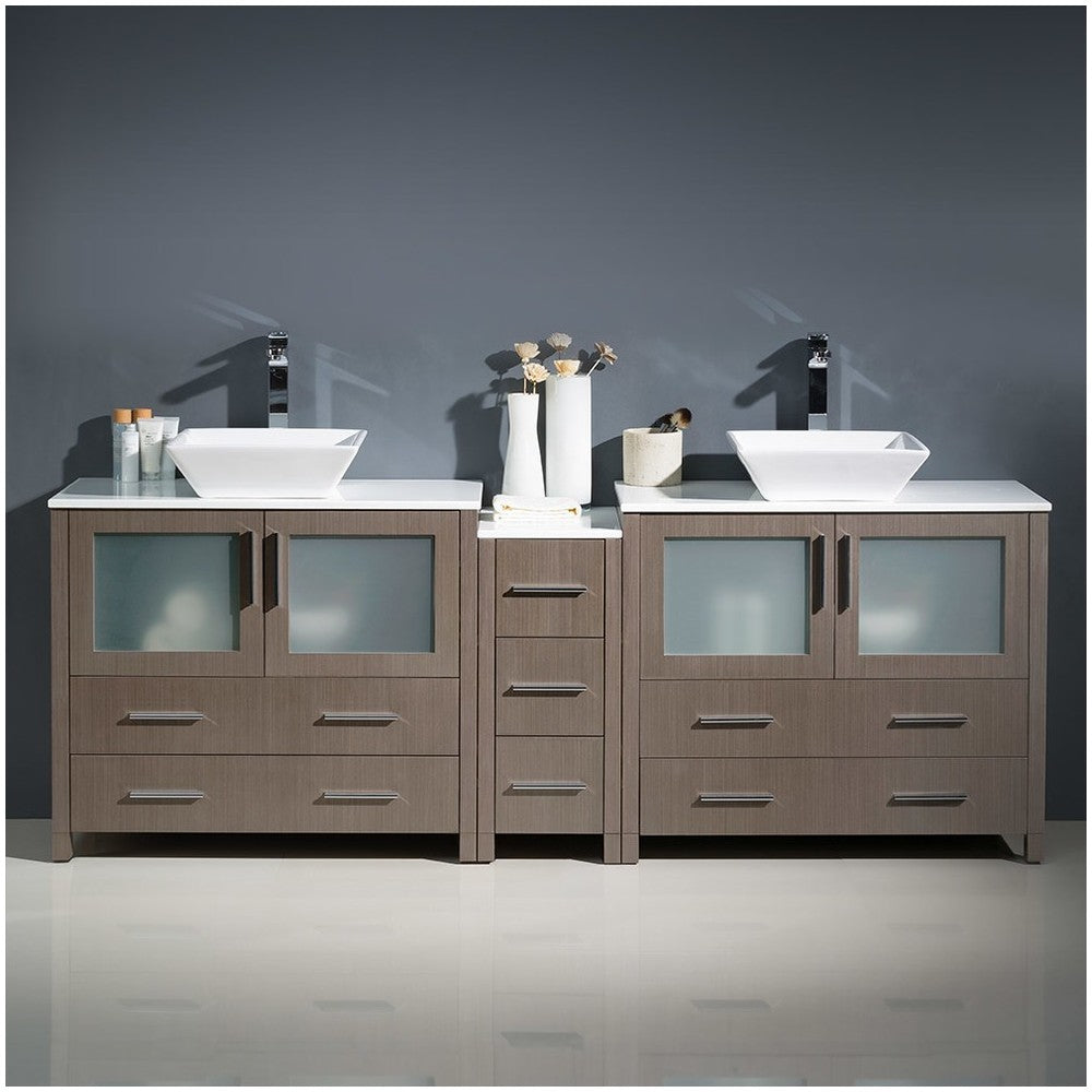 84 Gray DBL Sink Bathroom Cabinets w/ Tops & Vessel Sinks, FCB62-361236GO-CWH-V