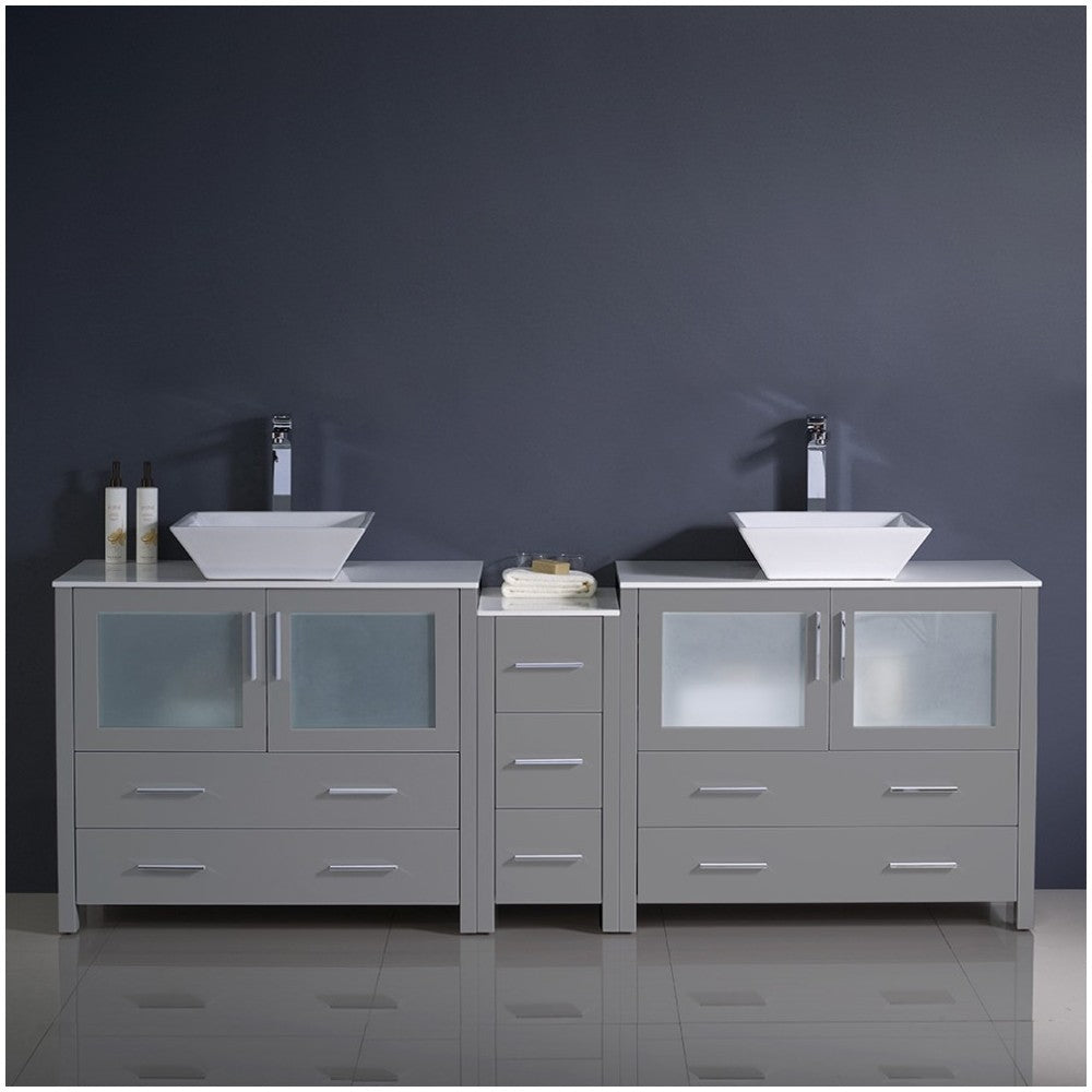 84 Gray DBL Sink Bathroom Cabinets w/ Tops & Vessel Sinks, FCB62-361236GR-CWH-V