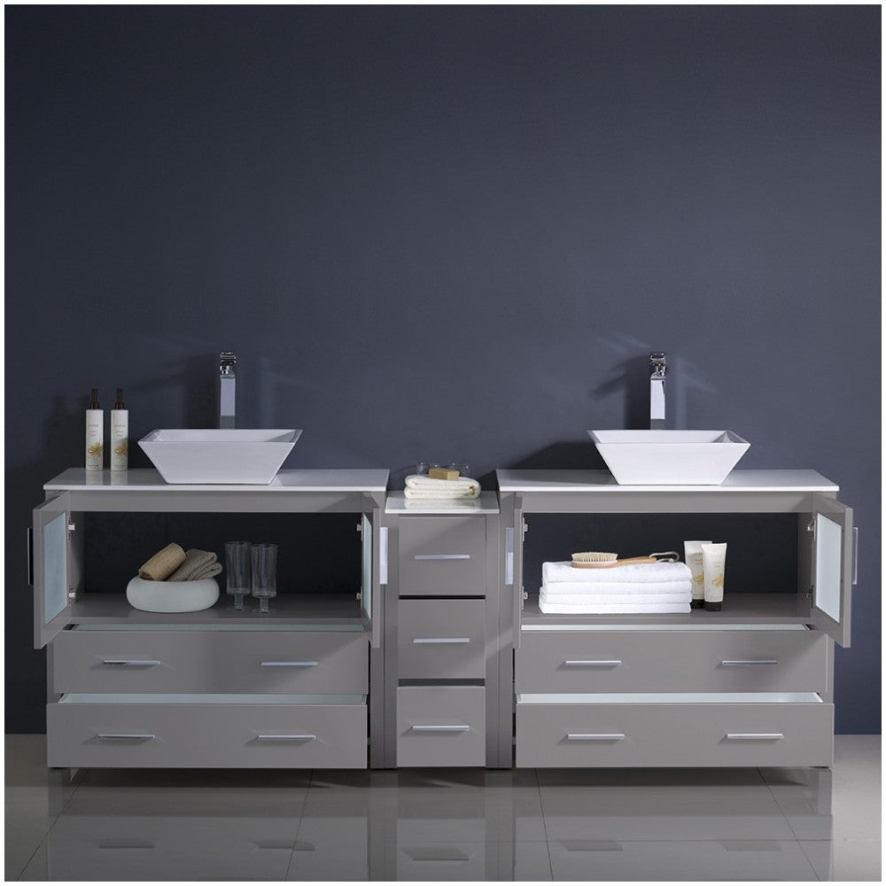 84 Gray DBL Sink Bathroom Cabinets w/ Tops & Vessel Sinks, FCB62-361236GR-CWH-V