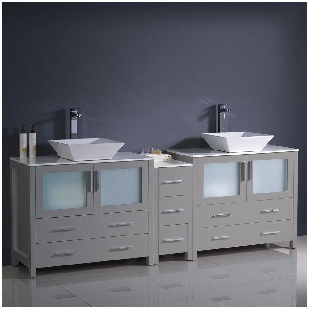84 Gray DBL Sink Bathroom Cabinets w/ Tops & Vessel Sinks, FCB62-361236GR-CWH-V