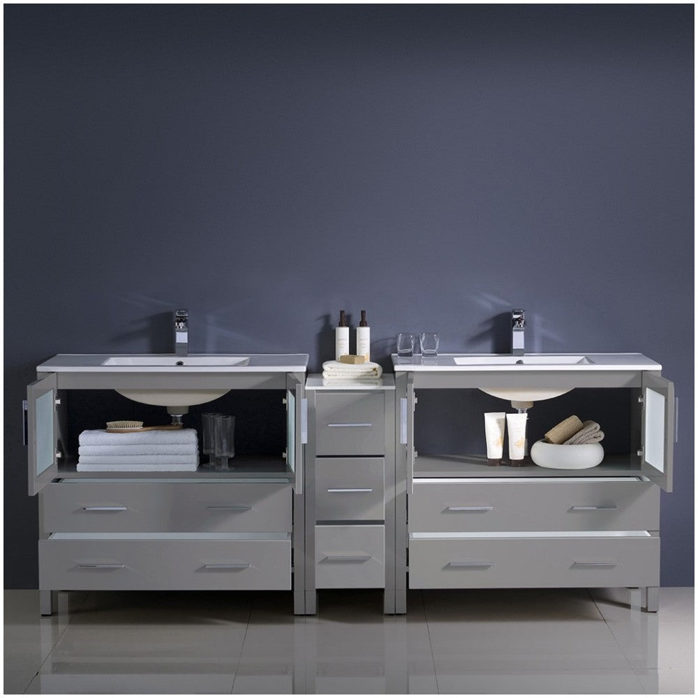 84 Gray Double Sink Bathroom Cabinets w/ Integrated Sinks, FCB62-361236GR-I